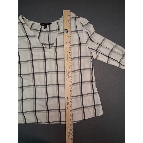 Banana Republic Womens White Black Plaid Blouse V neck Long Sleeve Size S Petite - Picture 9 of 11